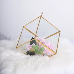 Heptahedron Hanging Gold Metal Geometric Glass Terrarium, Multipurpose Air Plants Holder 9" -Home Decor Promotional Store GLAS VASE007 GOLD 02 scaled