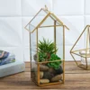 House Lantern Hanging Gold Metal Geometric Glass Terrarium, Multipurpose Air Plants Holder 11"