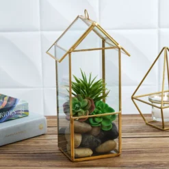 House Lantern Hanging Gold Metal Geometric Glass Terrarium, Multipurpose Air Plants Holder 11"