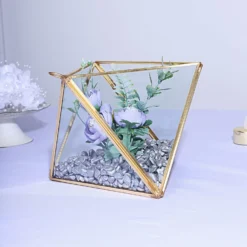 Diamond Prism Hanging Gold Metal Geometric Glass Terrarium, Multipurpose Air Plants Holder 9"