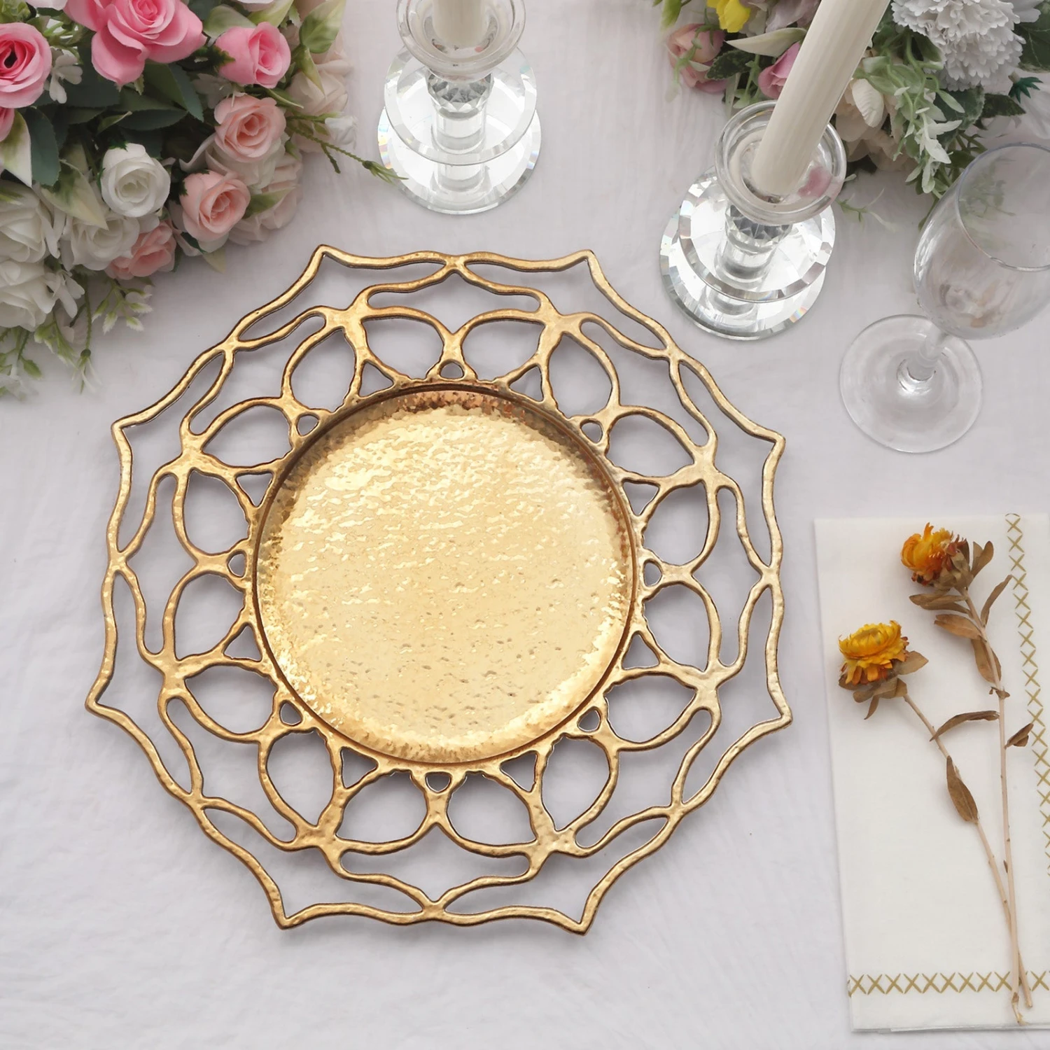 6 Pack Gold Floral Cutout Acrylic Charger Plates, Hollow Flower Decorative Plastic Serving Plates 13" 2 6 Pack Gold Floral Cutout Acrylic Charger Plates, Hollow Flower Decorative Plastic Serving Plates 13" - Image 2