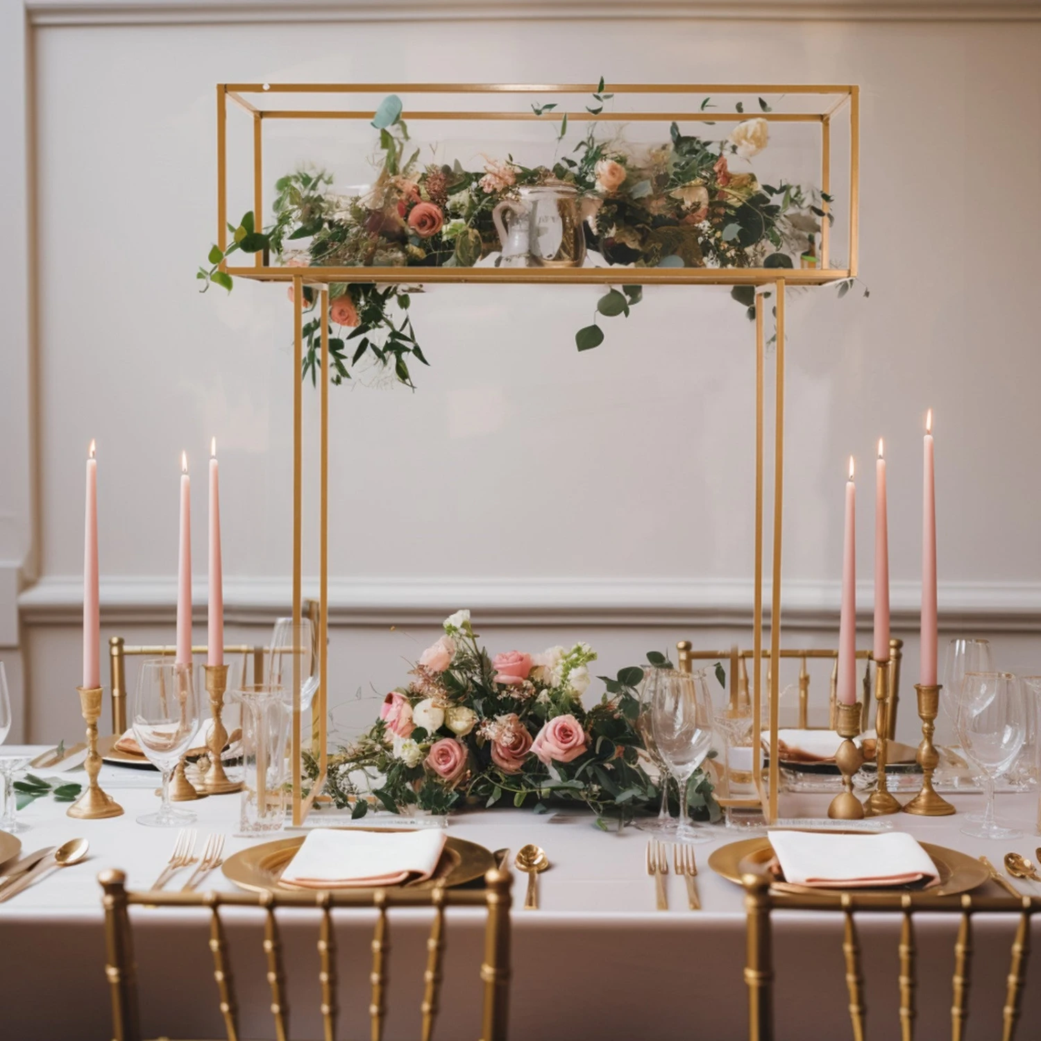 48" Gold Heavy Duty Metal Rectangular Centerpiece Stand, Tall Floral Arrangement Tabletop Display Rack 2 48" Gold Heavy Duty Metal Rectangular Centerpiece Stand, Tall Floral Arrangement Tabletop Display Rack - Image 2