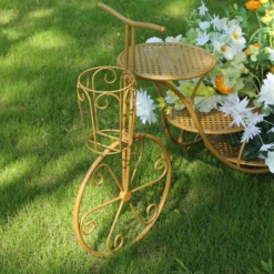 3-Tier Gold Metal Bicycle Pedestal Riser With Mesh Trays, Multi-layered Dessert Display Stand - 40" -Home Decor Promotional Store Gold Metal Bicycle Pedestal Riser With Mesh Trays 4