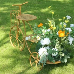 3-Tier Gold Metal Bicycle Pedestal Riser With Mesh Trays, Multi-layered Dessert Display Stand - 40" -Home Decor Promotional Store Gold Metal Bicycle Pedestal Riser With Mesh Trays 6