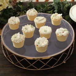 Round Gold Metal Geometric Diamond Cut Pedestal Riser, Dessert Display Stand With Glass Top -Home Decor Promotional Store Gold Metal Geometric Diamond Cut Cake Stand c131c197 4d4f 4a27 a482 4c2a3cc62ef3