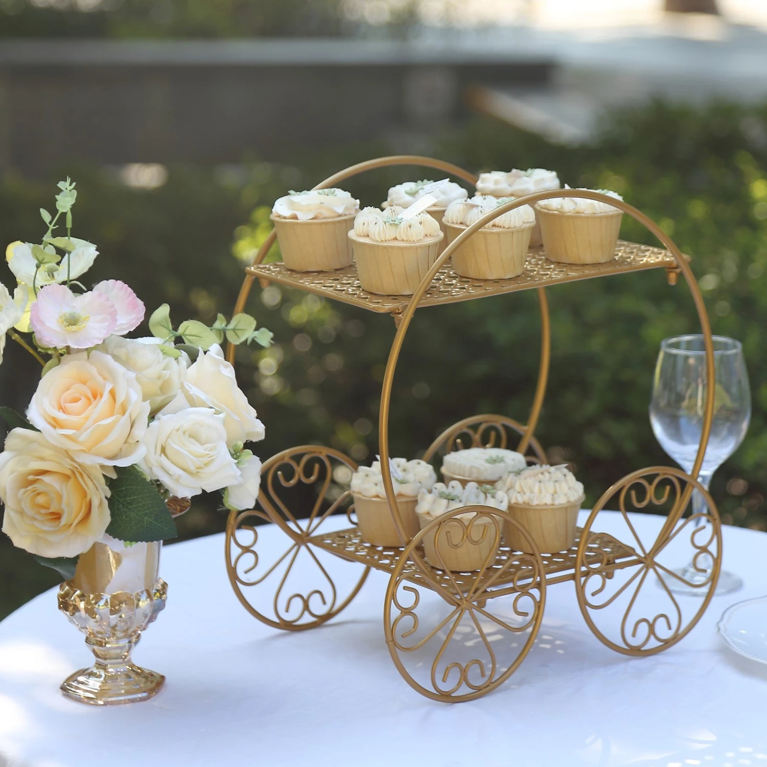 2-Tier Gold Metal Princess Carriage Dessert Display Stand, Cinderella Carriage Pedestal Riser - 14" 2 2-Tier Gold Metal Princess Carriage Dessert Display Stand, Cinderella Carriage Pedestal Riser - 14" - Image 2