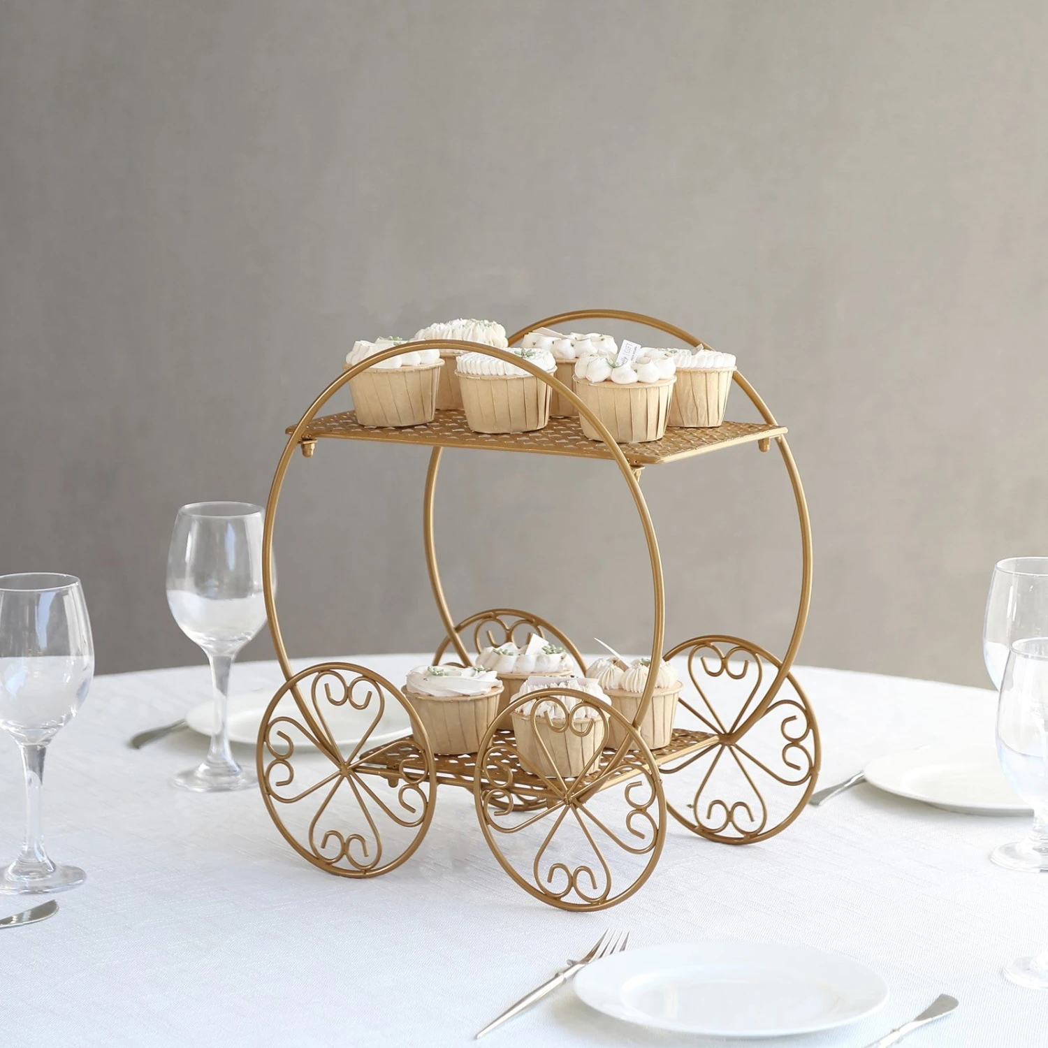 2-Tier Gold Metal Princess Carriage Dessert Display Stand, Cinderella Carriage Pedestal Riser - 14" 3 2-Tier Gold Metal Princess Carriage Dessert Display Stand, Cinderella Carriage Pedestal Riser - 14" - Image 3