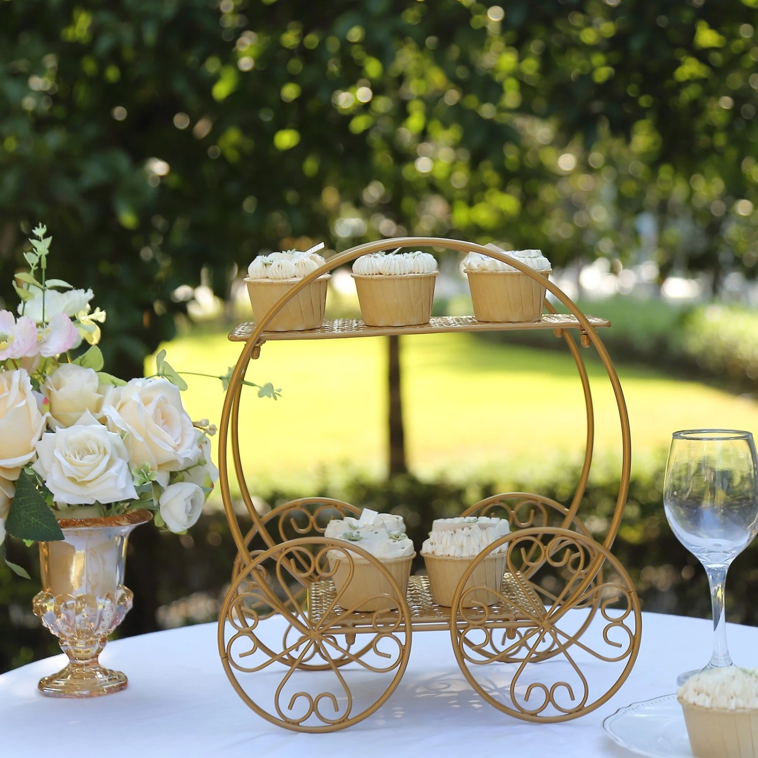 2-Tier Gold Metal Princess Carriage Dessert Display Stand, Cinderella Carriage Pedestal Riser - 14" 5 2-Tier Gold Metal Princess Carriage Dessert Display Stand, Cinderella Carriage Pedestal Riser - 14" - Image 5