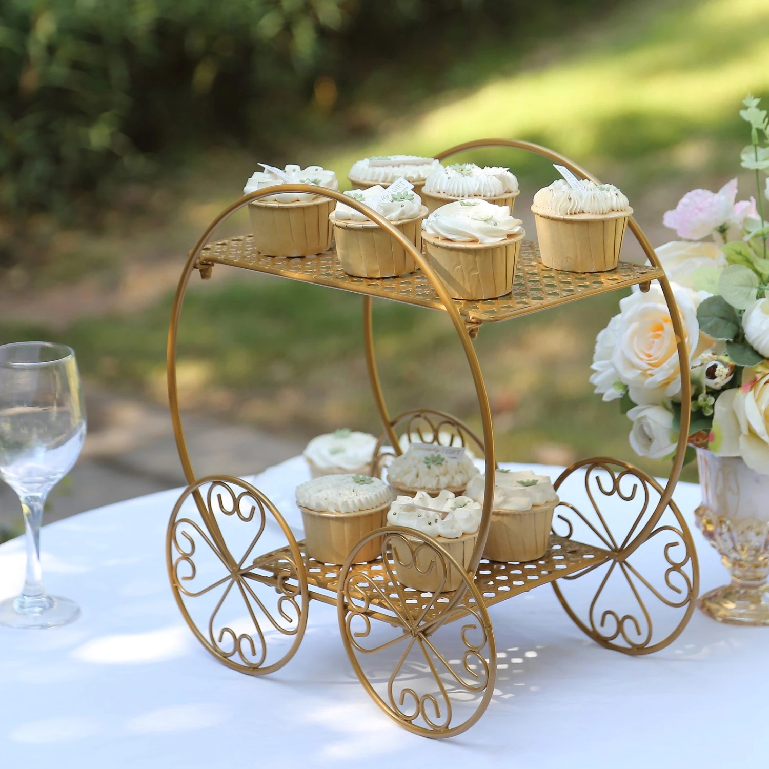2-Tier Gold Metal Princess Carriage Dessert Display Stand, Cinderella Carriage Pedestal Riser - 14" 1 2-Tier Gold Metal Princess Carriage Dessert Display Stand, Cinderella Carriage Pedestal Riser - 14"