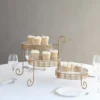 3-Tier Gold Metal Rotating Dessert Display Stand With Clear Acrylic Round Plates, Hollow Lace Design Pedestal Riser - 13"
