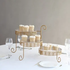 3-Tier Gold Metal Rotating Dessert Display Stand With Clear Acrylic Round Plates, Hollow Lace Design Pedestal Riser - 13"
