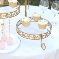 3-Tier Gold Metal Rotating Dessert Display Stand With Clear Acrylic Round Plates, Hollow Lace Design Pedestal Riser - 13" -Home Decor Promotional Store Gold Metal Rotating Dessert Display Stand With Clear Acrylic Round Plates 10