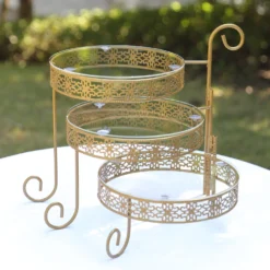 3-Tier Gold Metal Rotating Dessert Display Stand With Clear Acrylic Round Plates, Hollow Lace Design Pedestal Riser - 13" -Home Decor Promotional Store Gold Metal Rotating Dessert Display Stand With Clear Acrylic Round Plates 7
