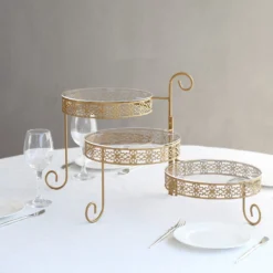 3-Tier Gold Metal Rotating Dessert Display Stand With Clear Acrylic Round Plates, Hollow Lace Design Pedestal Riser - 13" -Home Decor Promotional Store Gold Metal Rotating Dessert Display Stand With Clear Acrylic Round Plates 8