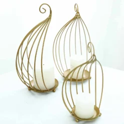 Set Of 3 | Gold Metal Hanging Wrought Iron Candle Holder Stands, Bird Cage Style Centerpieces -Home Decor Promotional Store IRON BASK01 GOLD D07