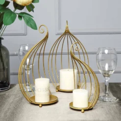 Set Of 3 | Gold Metal Hanging Wrought Iron Candle Holder Stands, Bird Cage Style Centerpieces -Home Decor Promotional Store IRON BASK01 GOLD 01