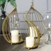Set Of 3 | Gold Metal Hanging Wrought Iron Candle Holder Stands, Bird Cage Style Centerpieces