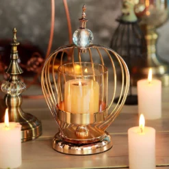Gold Metal Cage Glass Votive Candle Holder With Crystal Baroque Top -Home Decor Promotional Store IRON CAND 002 12 GOLD 01