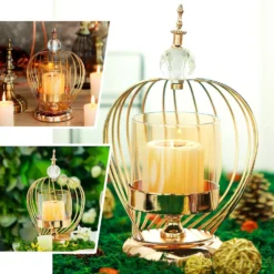 Gold Metal Cage Glass Votive Candle Holder With Crystal Baroque Top -Home Decor Promotional Store IRON CAND 002 EBC1