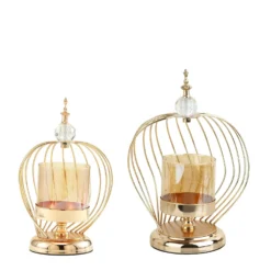 Gold Metal Cage Glass Votive Candle Holder With Crystal Baroque Top -Home Decor Promotional Store IRON CAND 002 GOLD SET 99