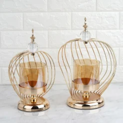 Gold Metal Cage Glass Votive Candle Holder With Crystal Baroque Top -Home Decor Promotional Store IRON CAND 002 GOLD SET 01
