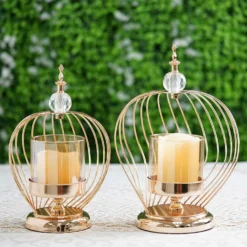 Gold Metal Cage Glass Votive Candle Holder With Crystal Baroque Top -Home Decor Promotional Store IRON CAND 002 GOLD SET 02