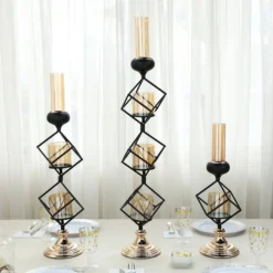 Geometric Candle Holder Set Wholesale With Amber Glass Votives | Metallic Gold & Black | Stacked Design