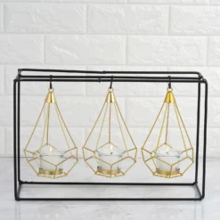 3 Pack Gold Hanging Geometric Tealight Candle Holders With 10" Tall Black Iron Stand 8" -Home Decor Promotional Store IRON CAND 006 GDBLK D01