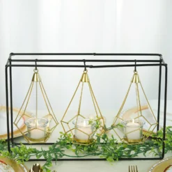 3 Pack Gold Hanging Geometric Tealight Candle Holders With 10" Tall Black Iron Stand 8"