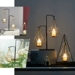 2 Pack Gold Hanging Geometric Tealight Candle Holders With 14" Tall Black Iron Stand 8" -Home Decor Promotional Store IRON CAND 007 EBC2
