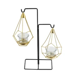 2 Pack Gold Hanging Geometric Tealight Candle Holders With 14" Tall Black Iron Stand 8" -Home Decor Promotional Store IRON CAND 007 GDBLK 99