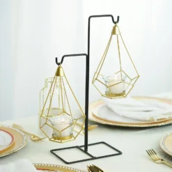 2 Pack Gold Hanging Geometric Tealight Candle Holders With 14" Tall Black Iron Stand 8"