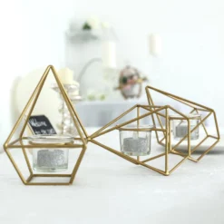 Geometric Candle Holder Set - Linked Metal Geometric Centerpieces With Votive Glass Holders 16" -Home Decor Promotional Store IRON CAND 008 GOLD 01