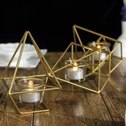 Geometric Candle Holder Set - Linked Metal Geometric Centerpieces With Votive Glass Holders 16"