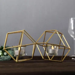 Geometric Candle Holder Set - Linked Metal Geometric Centerpieces With Votive Glass Holders 11" -Home Decor Promotional Store IRON CAND 010 GOLD D09