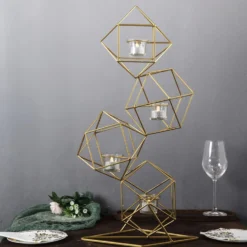 Linked Geometric Tealight Candle Holder Set With Votive Glass Holders 25" Tall -Home Decor Promotional Store IRON CAND 011 GOLD 02