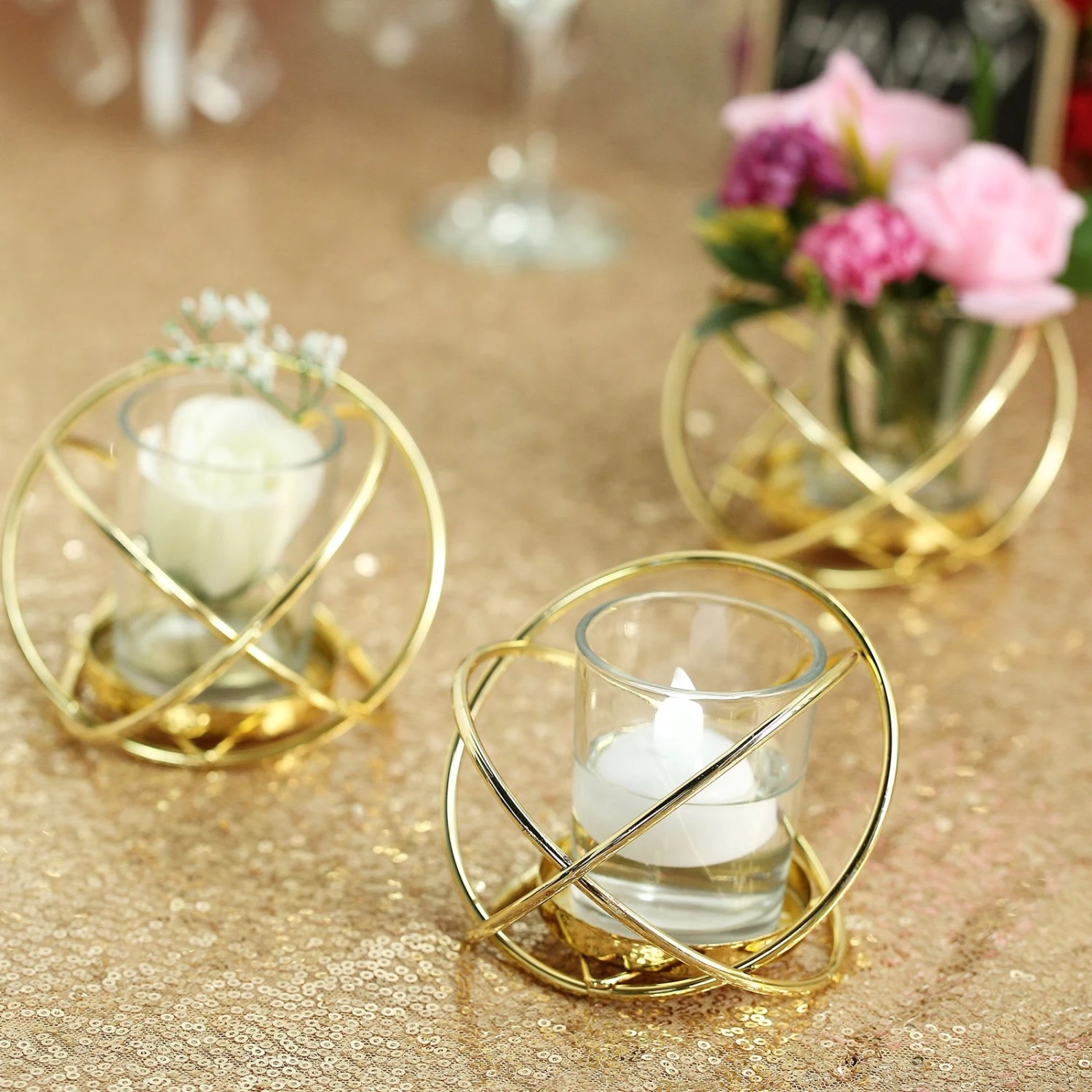3 Pack Gold Metal Geometric Flower Bud Vase Votive Candle Holder Set 3" 3 3 Pack Gold Metal Geometric Flower Bud Vase Votive Candle Holder Set 3" - Image 3