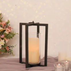 Metal Cross Bar Decorative Lantern Candle Holder, Iron Geometric Centerpiece