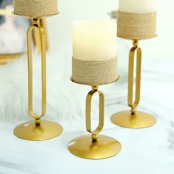 Set Of 3 | Gold Metal Oval Frame Pillar Candle Holder Stands, Geometric Table Centerpieces - Assorted Sizes -Home Decor Promotional Store IRON CAND PL001 SET GOLD D02.progressive b6d2a900 df71 45de 9e33 16369ed01be5