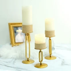 Set Of 3 | Gold Metal Oval Frame Pillar Candle Holder Stands, Geometric Table Centerpieces - Assorted Sizes