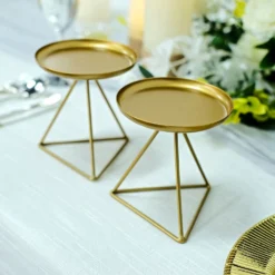 2 Pack Gold Metal Triangle Base Pillar Candle Holder Stands, Geometric Candle Centerpieces 5"