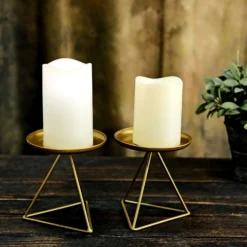 2 Pack Gold Metal Triangle Base Pillar Candle Holder Stands, Geometric Candle Centerpieces 5" -Home Decor Promotional Store IRON CAND PL002 M GOLD D02.progressive b32975f8 cd09 4623 9224 8277c85e1e85