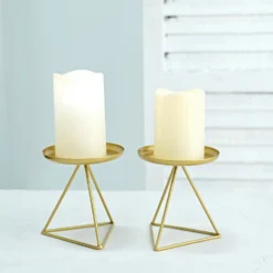 2 Pack Gold Metal Triangle Base Pillar Candle Holder Stands, Geometric Candle Centerpieces 5" -Home Decor Promotional Store IRON CAND PL002 M GOLD D03.progressive ce41de7c 4f4b 4991 b09b 68a0390a58ad