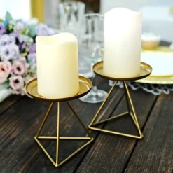 2 Pack Gold Metal Triangle Base Pillar Candle Holder Stands, Geometric Candle Centerpieces 5" -Home Decor Promotional Store IRON CAND PL002 M GOLD 02.progressive a70073ec feea 4468 b01b 9b44fa934eba
