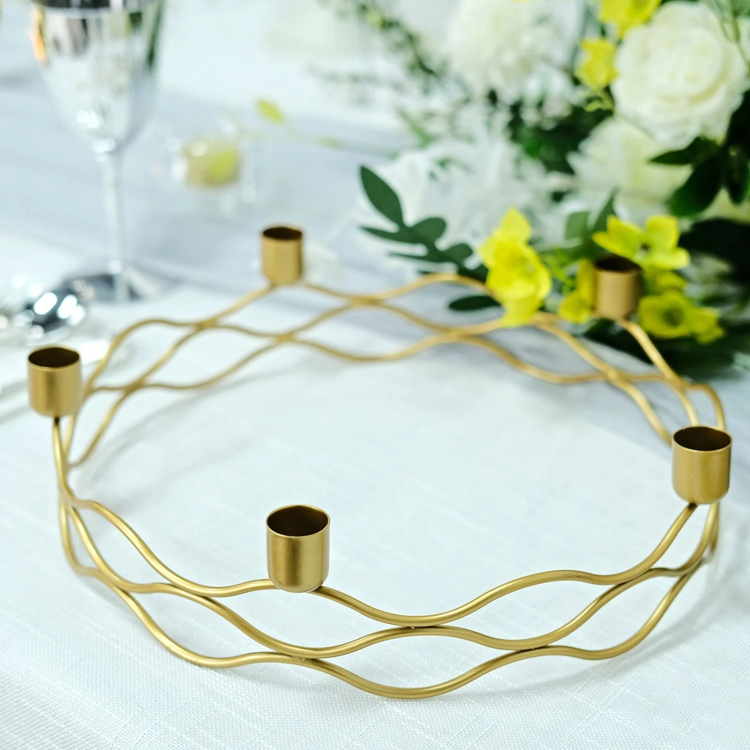 5 Arm Gold Metal Taper Candle Wreath Candelabra Candlestick Holder - 12" Round 4 5 Arm Gold Metal Taper Candle Wreath Candelabra Candlestick Holder - 12" Round - Image 4