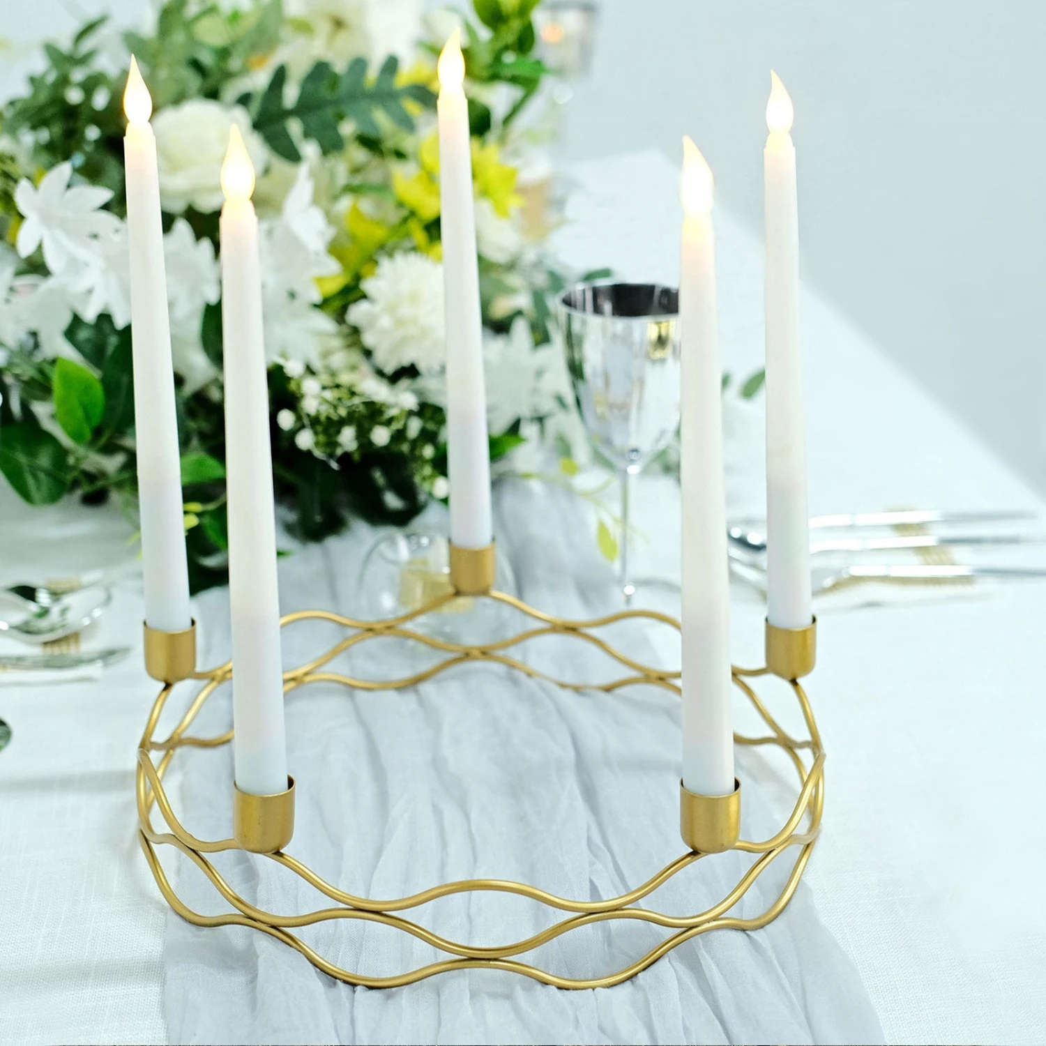 5 Arm Gold Metal Taper Candle Wreath Candelabra Candlestick Holder - 12" Round 3 5 Arm Gold Metal Taper Candle Wreath Candelabra Candlestick Holder - 12" Round - Image 3