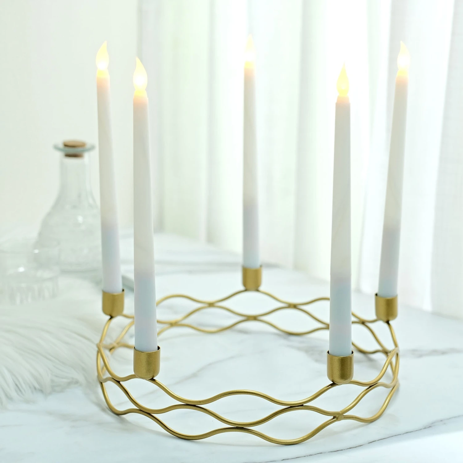5 Arm Gold Metal Taper Candle Wreath Candelabra Candlestick Holder - 12" Round 1 5 Arm Gold Metal Taper Candle Wreath Candelabra Candlestick Holder - 12" Round