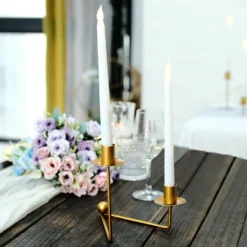 2 Pack | 2 Arm Gold Metal Geometric Taper Candle Candelabra Holder Centerpiece With V-Shaped Base - 7" -Home Decor Promotional Store IRON CAND TP007 GOLD D02.progressive a1e4e48c 2dd0 4527 abbc 0ae3389f33c5