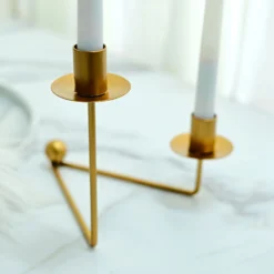 2 Pack | 2 Arm Gold Metal Geometric Taper Candle Candelabra Holder Centerpiece With V-Shaped Base - 7" -Home Decor Promotional Store IRON CAND TP007 GOLD D04.progressive 3f228b14 294b 4e29 847e 29af029516a8