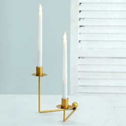 2 Pack | 2 Arm Gold Metal Geometric Taper Candle Candelabra Holder Centerpiece With V-Shaped Base - 7"
